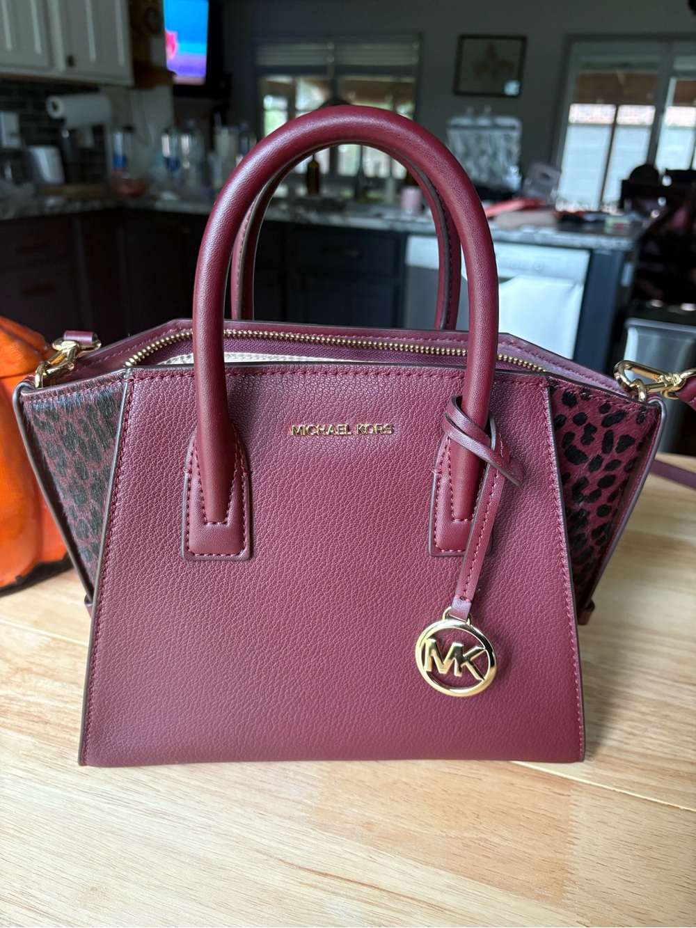 Michael Kors Wine Red Leather Satchel with Leopard Accent
